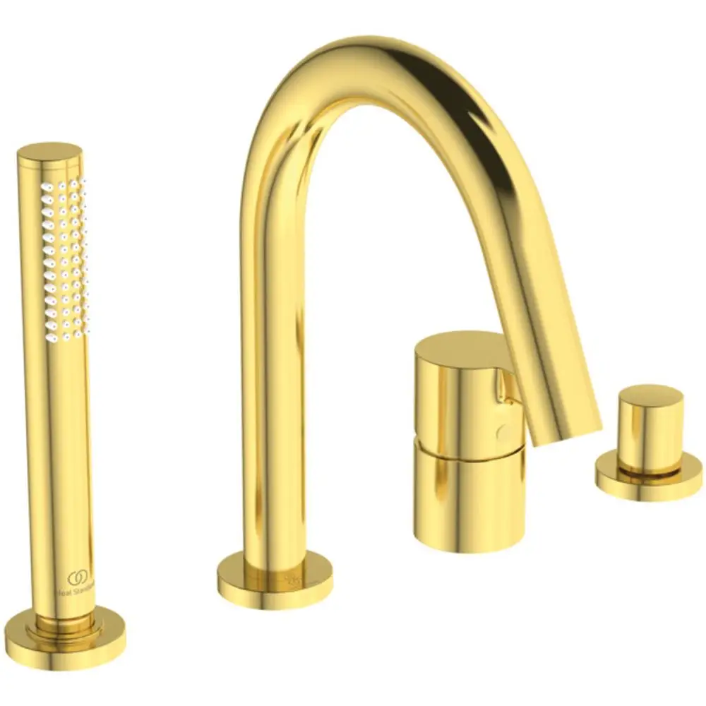 Ein 4-Loch-Wannenrandarm aus gebürstetem Gold mit einem Auslauf, einem Handbrausenstab und einem Umsteller, hergestellt von Ideal Standard.